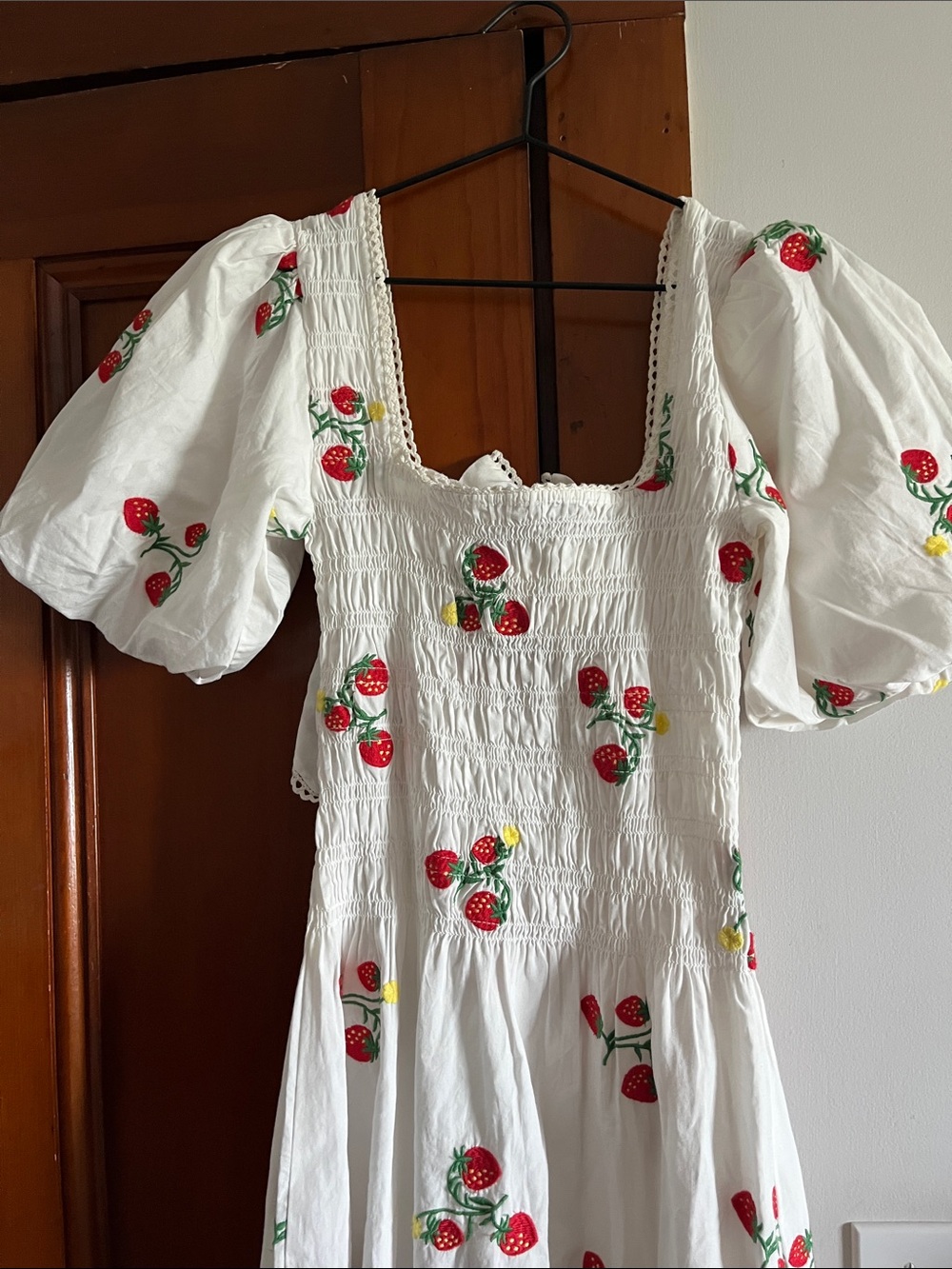 Damson Madder White Strawberry Embroidery Midi Dress with Puff Sleeves - Picture 4 of 16